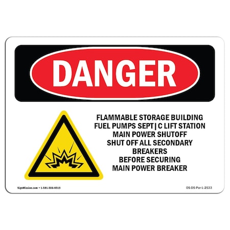 Signmission OSHA Danger Sign, 12" Height, 18" Width, Aluminum, Flammable Storage Building Fuel, Landscape OS-DS-A-1218-L-2533